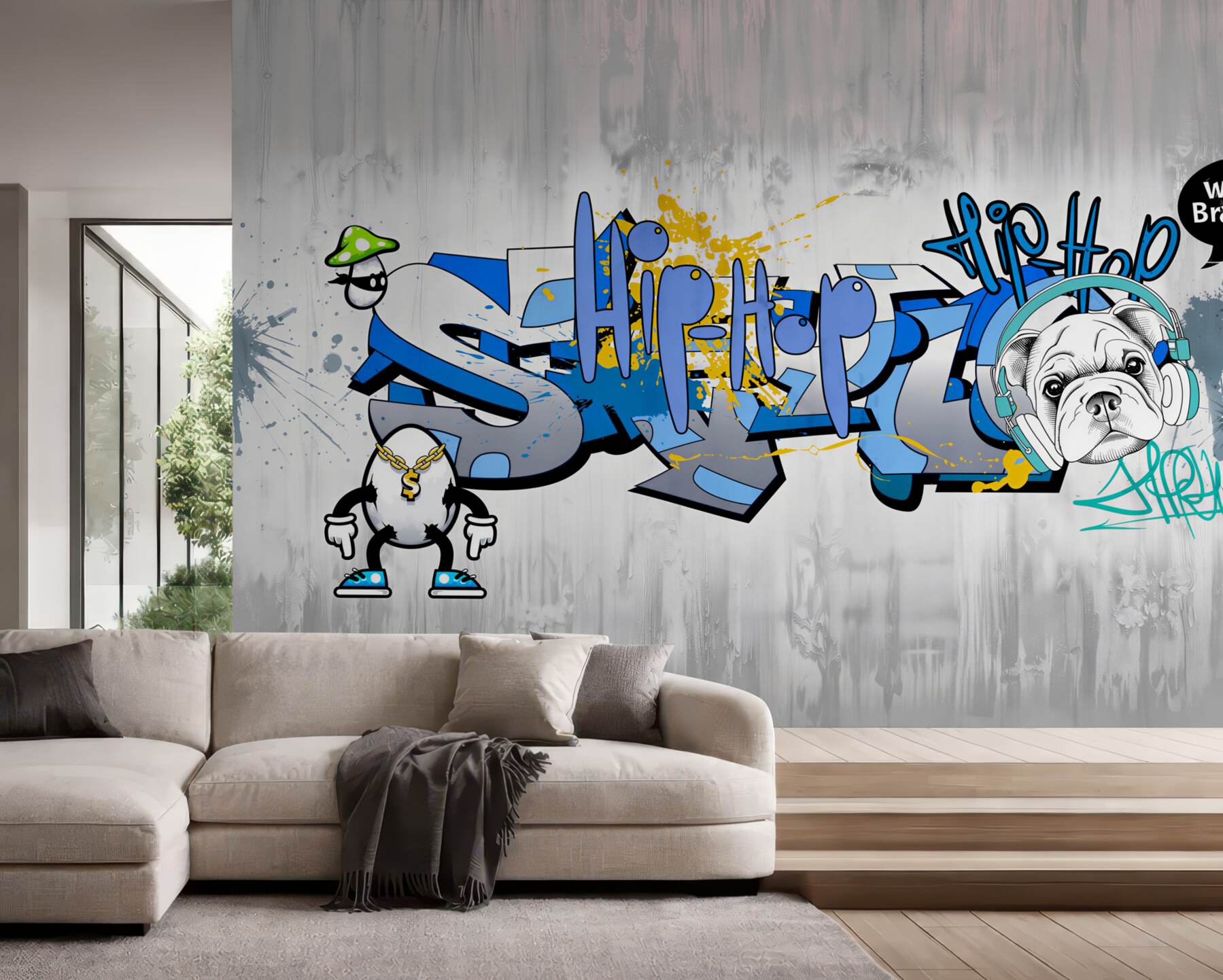 Fototapeten Hund mit Graffiti und Kopfhörern