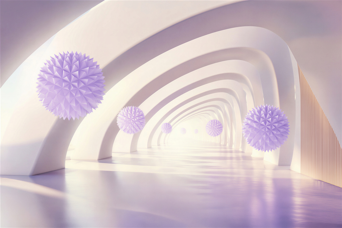 Fototapeten Lilafarbene Kugeln vor einem Tunnelhintergrund