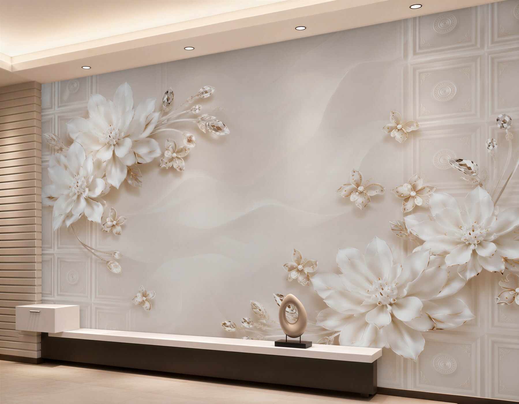 Fototapeten weiße Blumen an der Wand