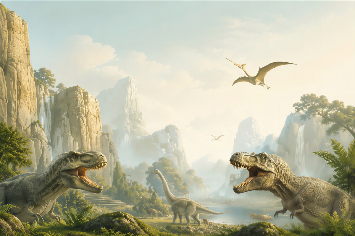 Fototapeten Dinosaurier und Berge
