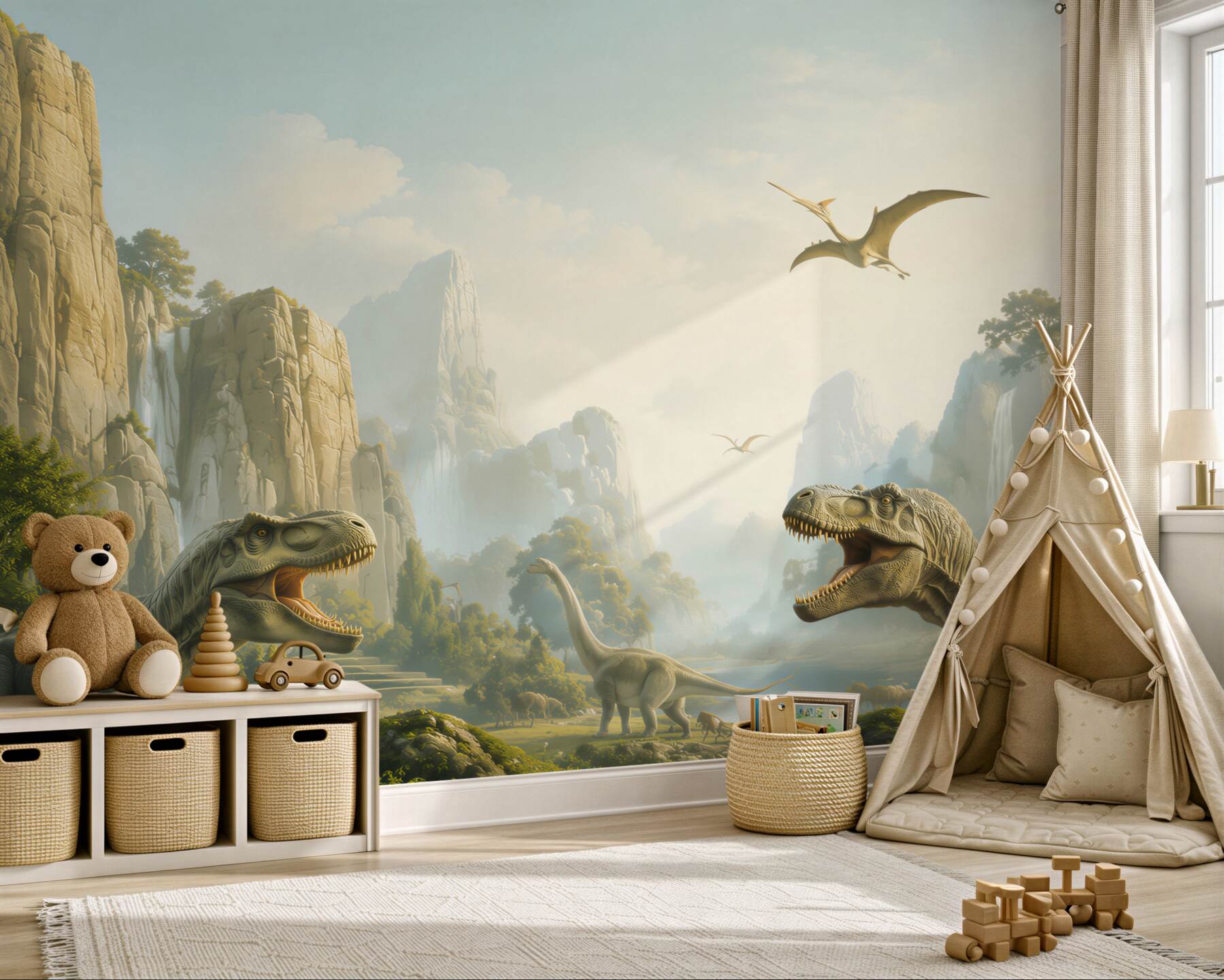 Fototapeten Dinosaurier und Berge