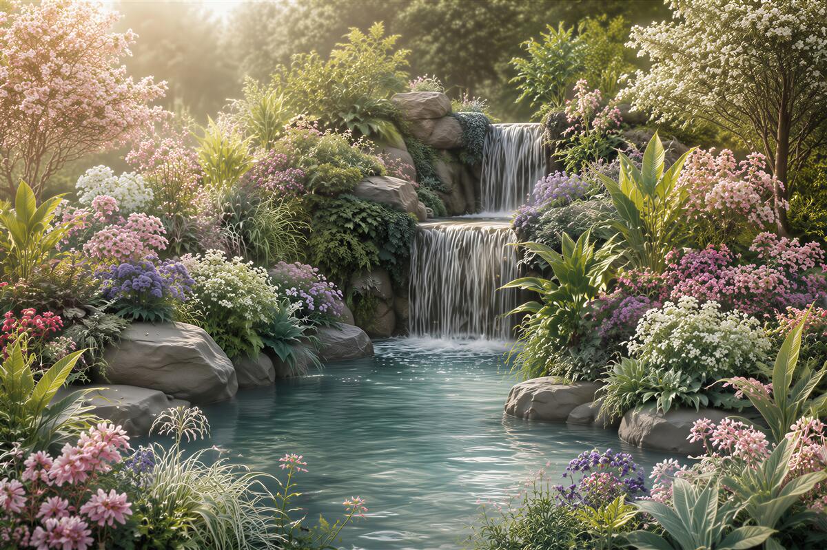 Fototapeten tropische Blumen in der Nähe eines Bergwasserfalls