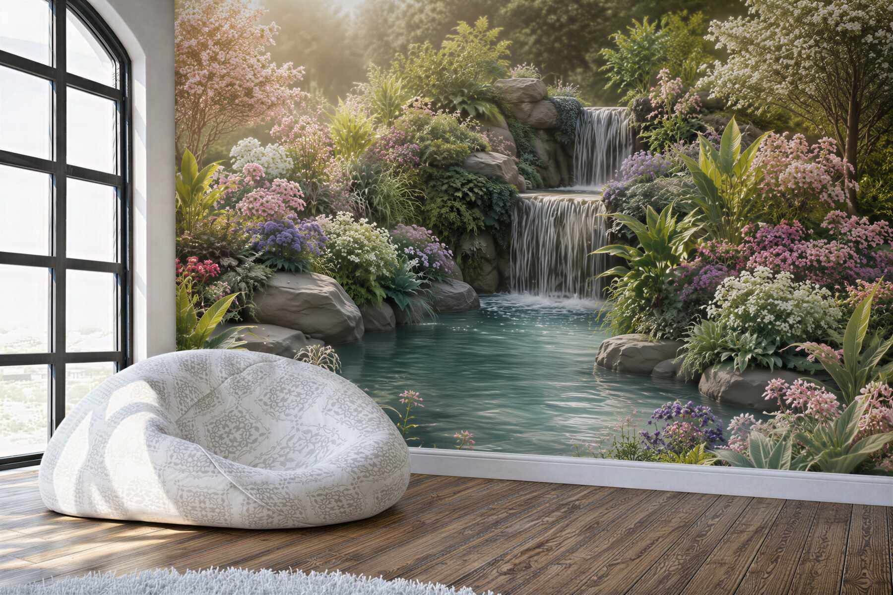 Fototapeten tropische Blumen in der Nähe eines Bergwasserfalls