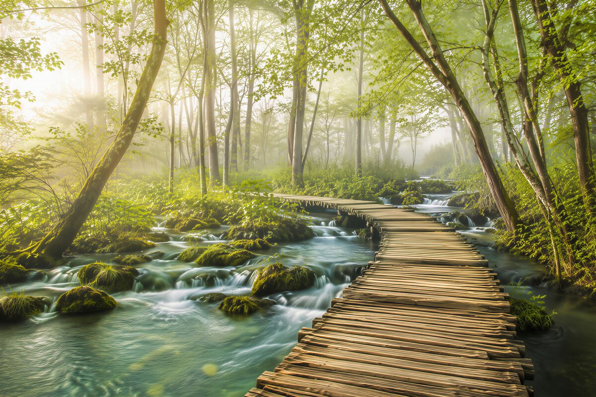 Fototapeten Holzbrücke durch einen dichten Wald
