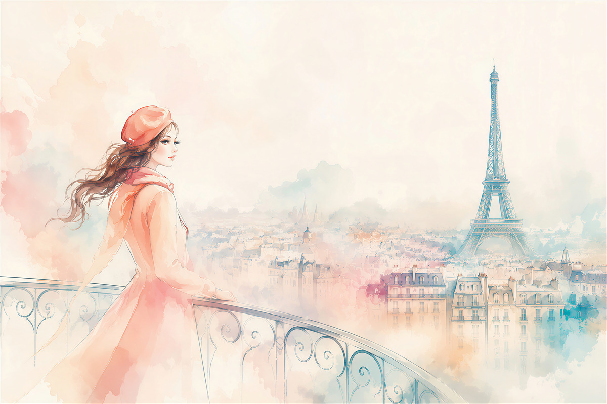 Fototapeten Mädchen spaziert durch ein Aquarell-Paris