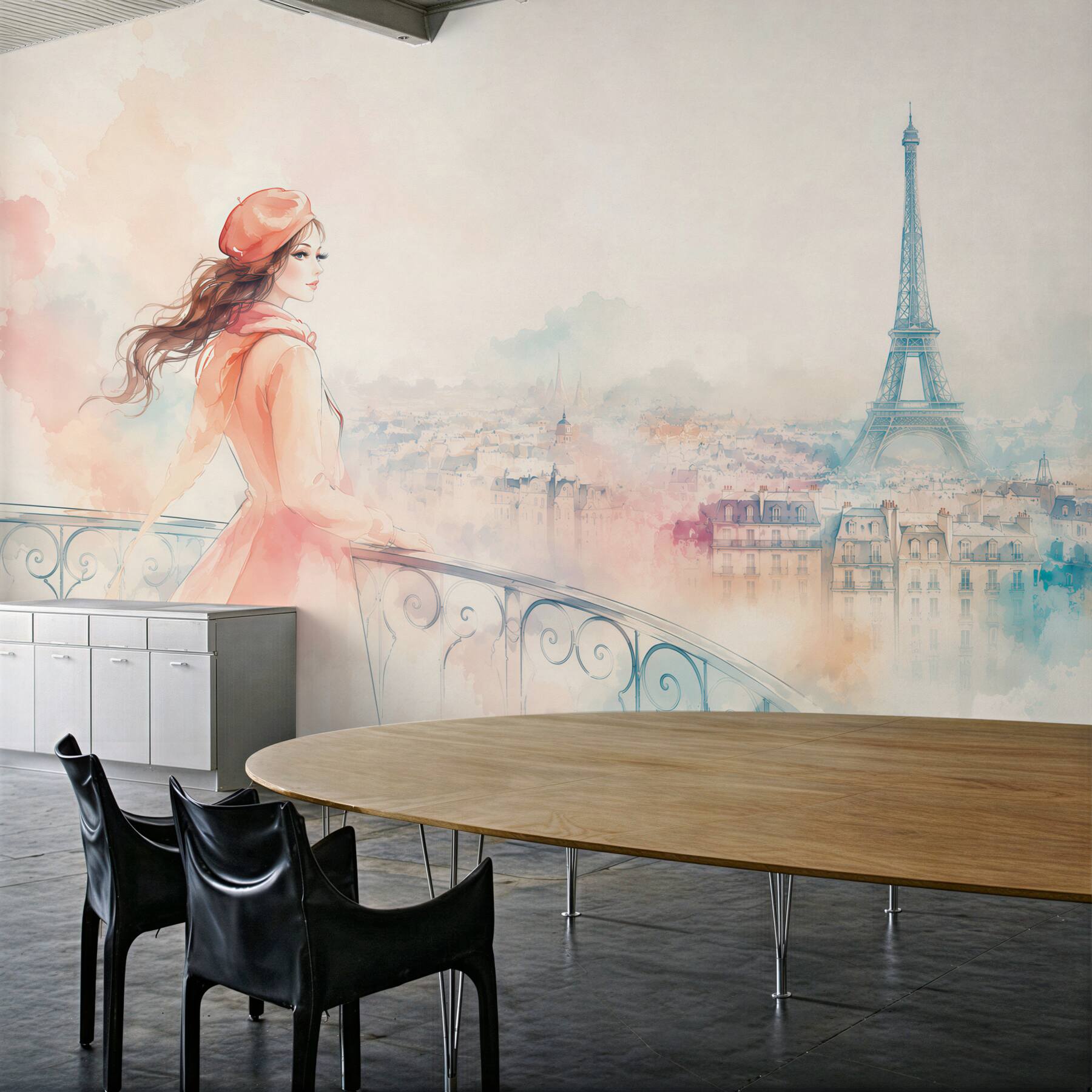Fototapeten Mädchen spaziert durch ein Aquarell-Paris