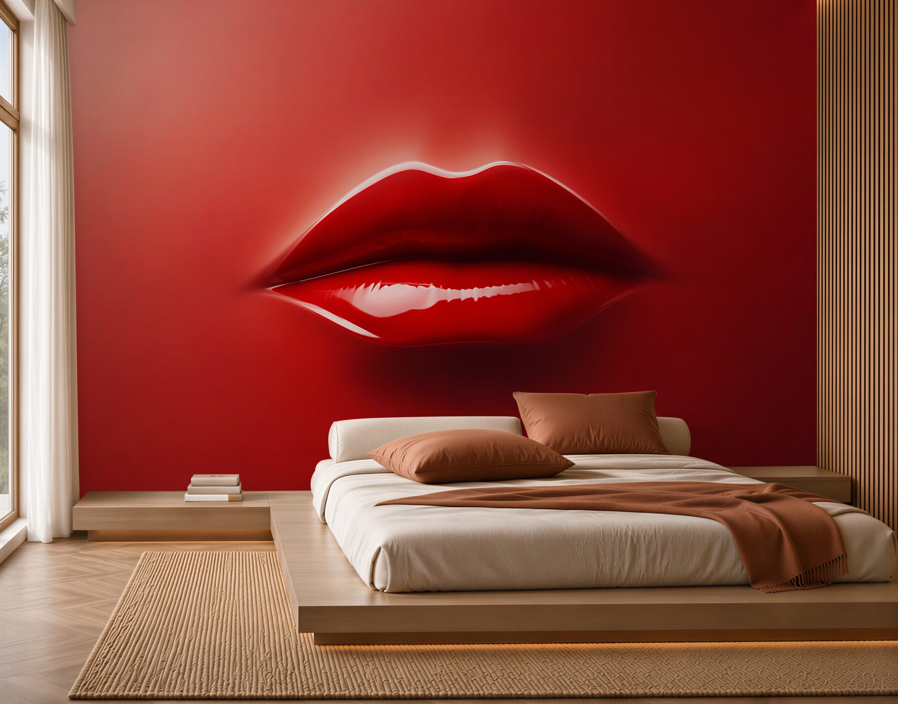 Fototapeten saftige rote Lippen auf rotem Hintergrund