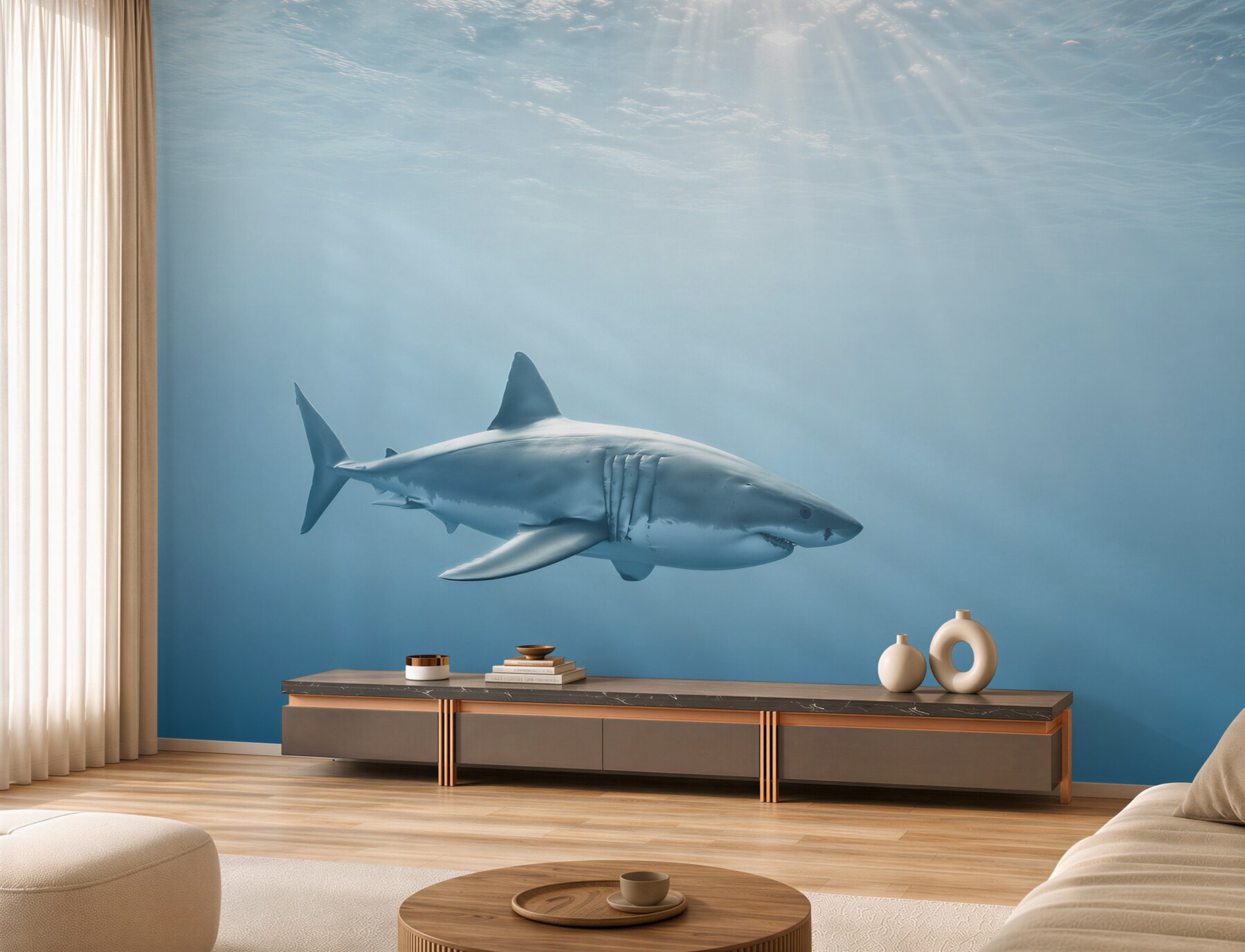 Fototapeten hungriger Hai in einer Unterwasserwohnung