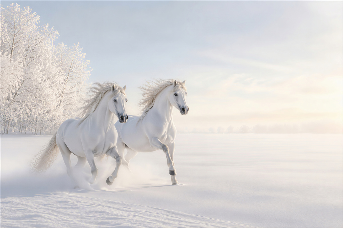 Fototapeten Paar von Pferden, die im Schnee galoppieren