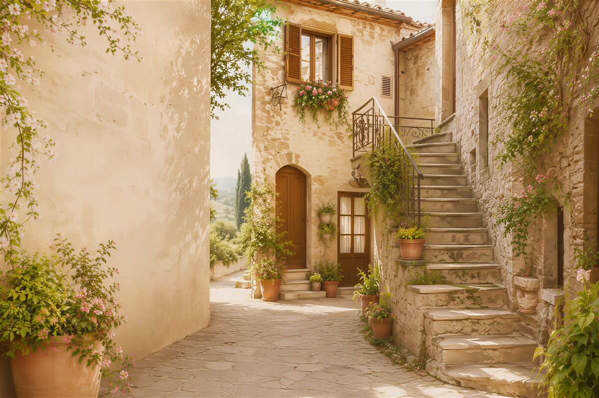 Fototapeten Treppen mit Blumen in einem alten Innenhof