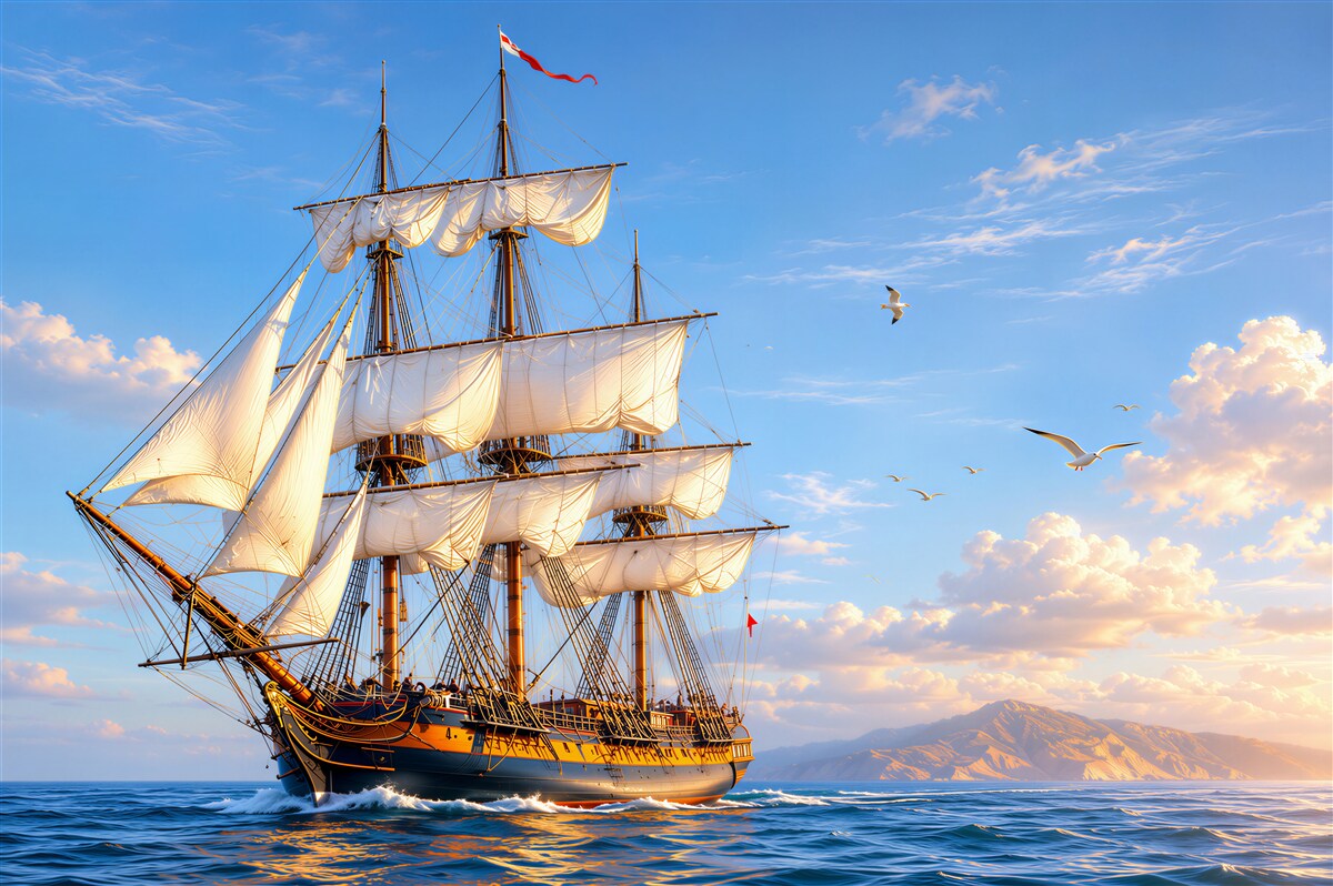 Fototapeten großes Segelschiff wartet auf den Wind