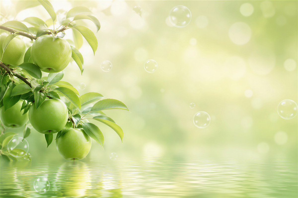 Fototapeten saftige grüne Äpfel im Wasserreflex