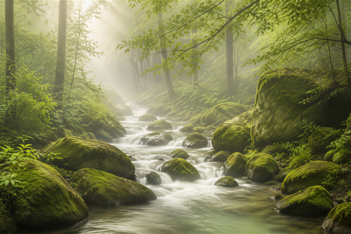 Fototapeten kleiner Bach in einem dichten grünen Wald