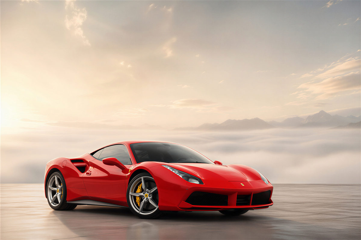 Fototapeten hellrotes Ferrari an einem regnerischen Tag