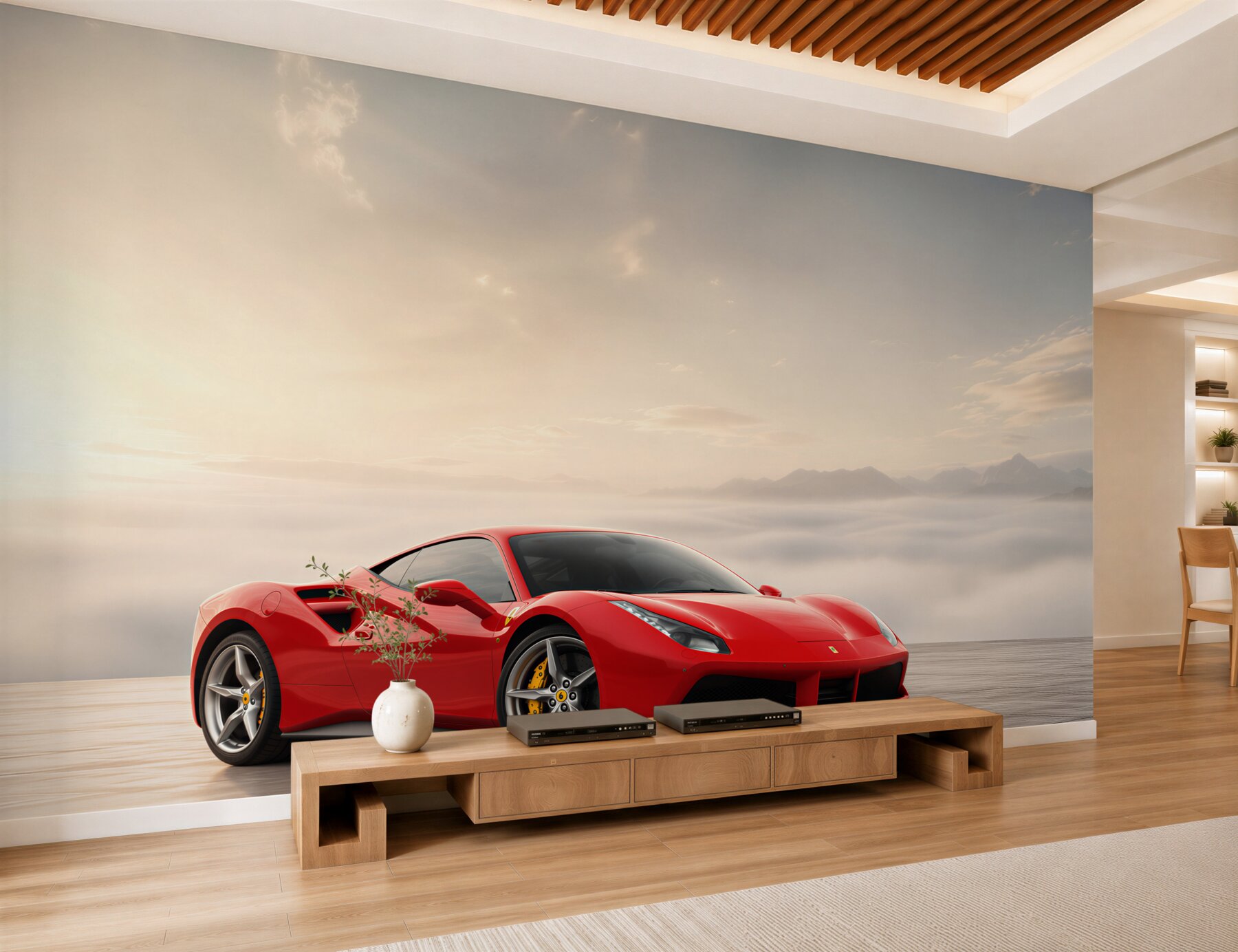 Fototapeten hellrotes Ferrari an einem regnerischen Tag