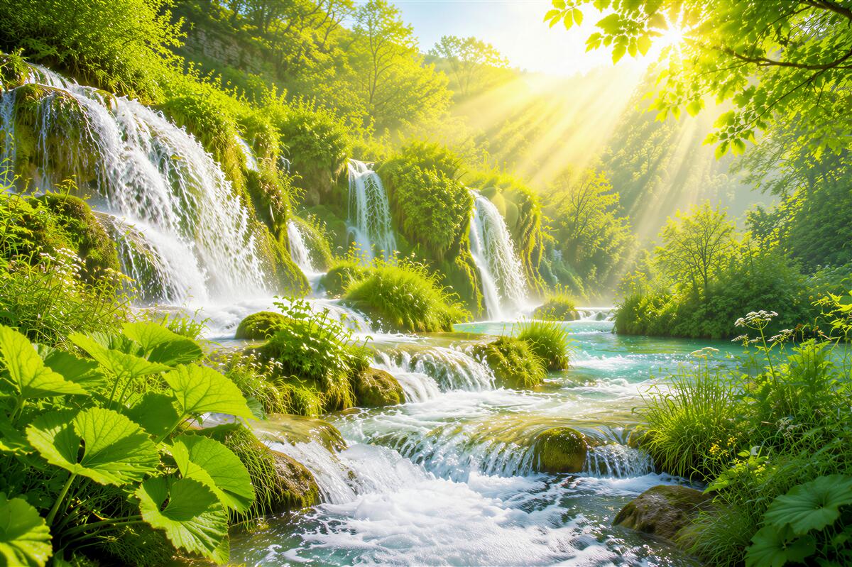 Fototapeten helles Sonnenlicht beleuchtet einen brodelnden Wasserfall