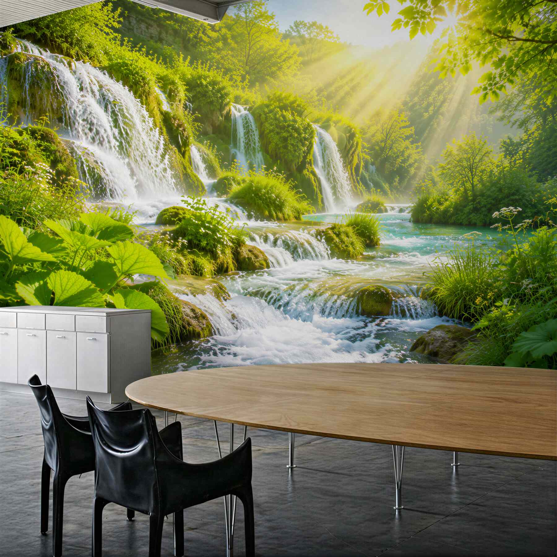 Fototapeten helles Sonnenlicht beleuchtet einen brodelnden Wasserfall