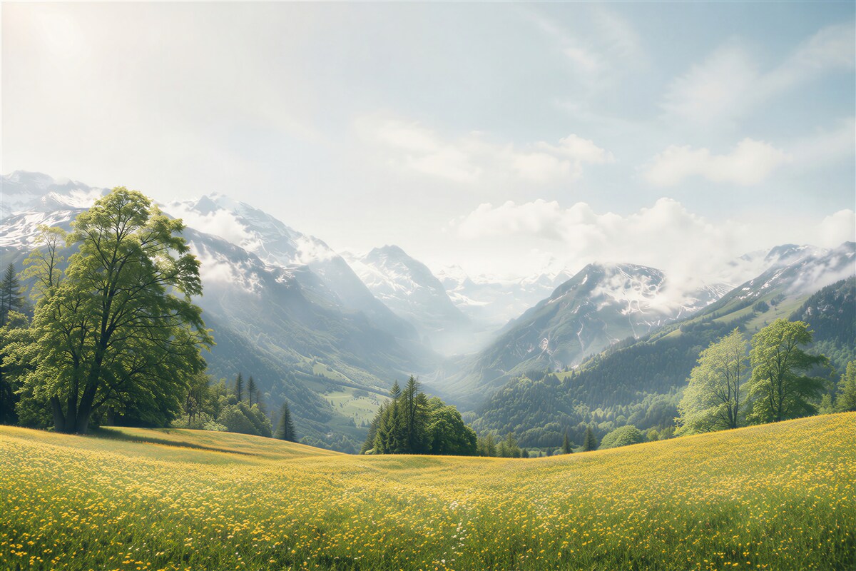 Fototapeten alpen gelbes Löwenzahnfeld
