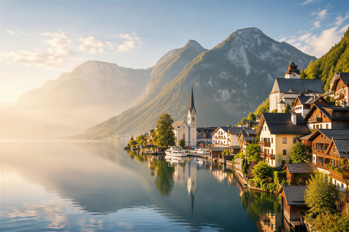 Fototapeten Schweizer Dorf nahe Wasser und Bergen