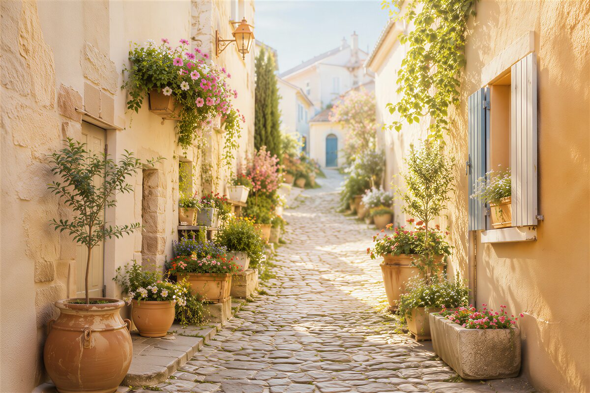 Fototapeten gemütliche enge Gasse der Altstadt mit Blumen