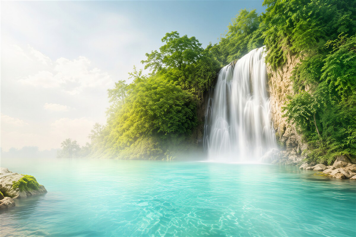 Fototapeten hoher Wasserfall, der in einen azurblauen See stürzt