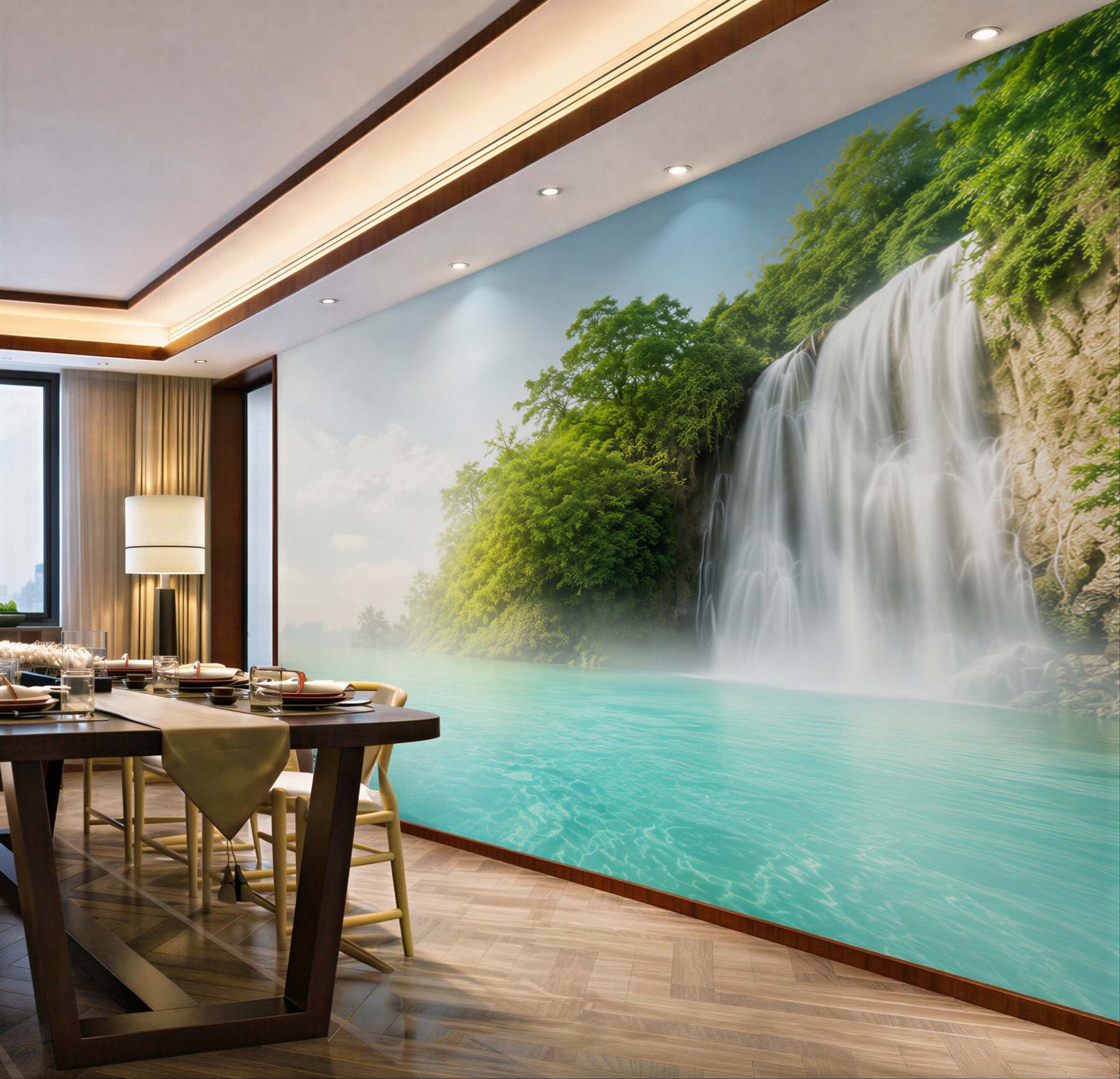 Fototapeten hoher Wasserfall, der in einen azurblauen See stürzt