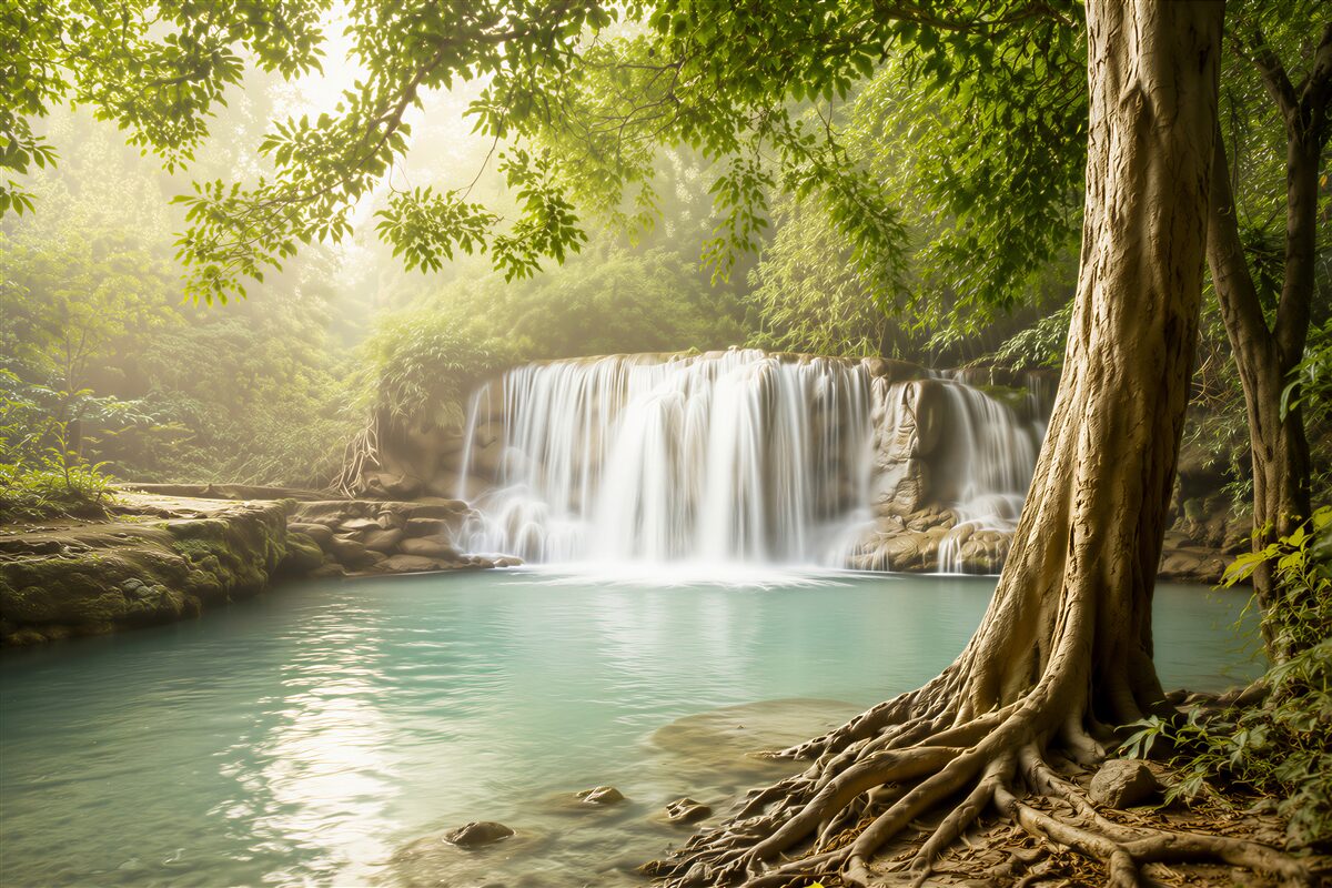 Fototapeten Wasserfall im alten Wald