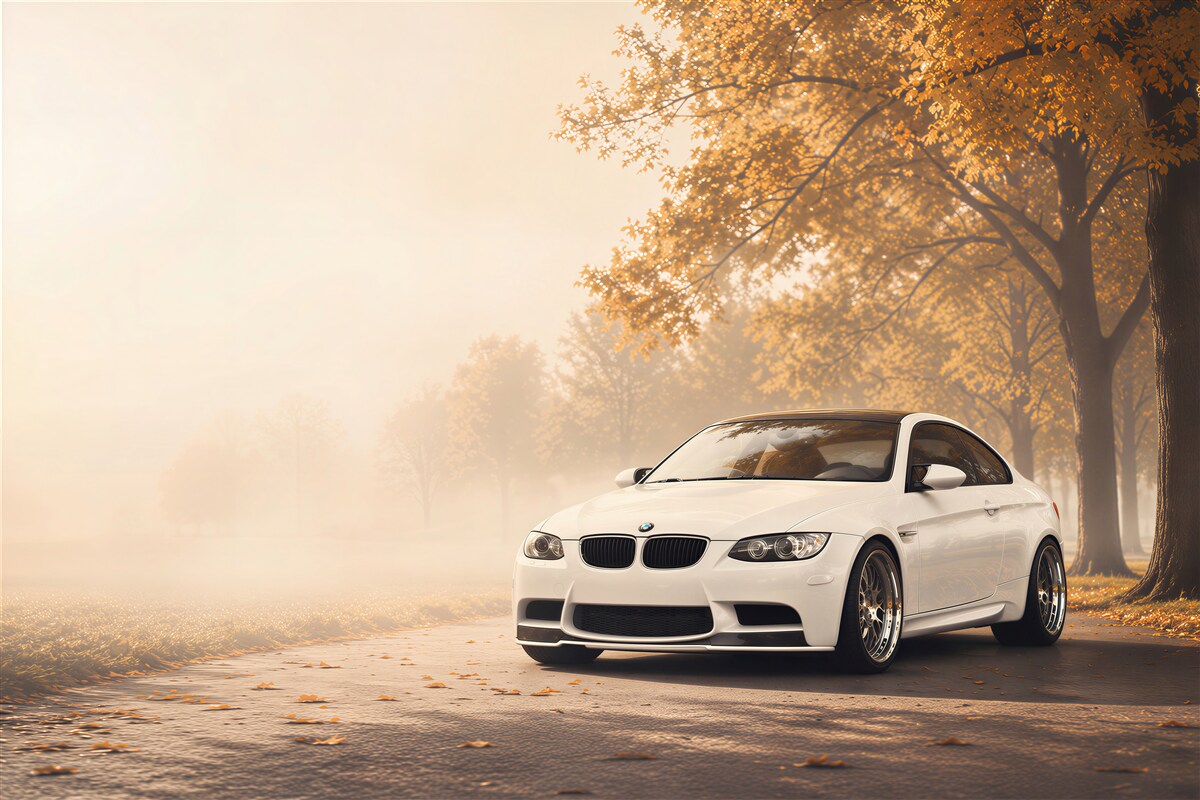 Fototapeten weißes BMW auf der Straße im Herbst