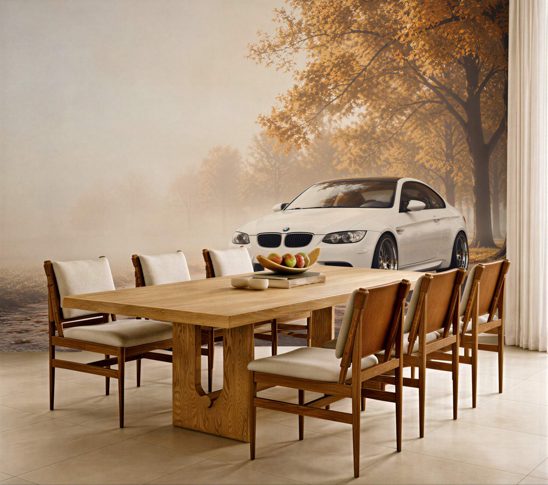 Fototapeten weißes BMW auf der Straße im Herbst