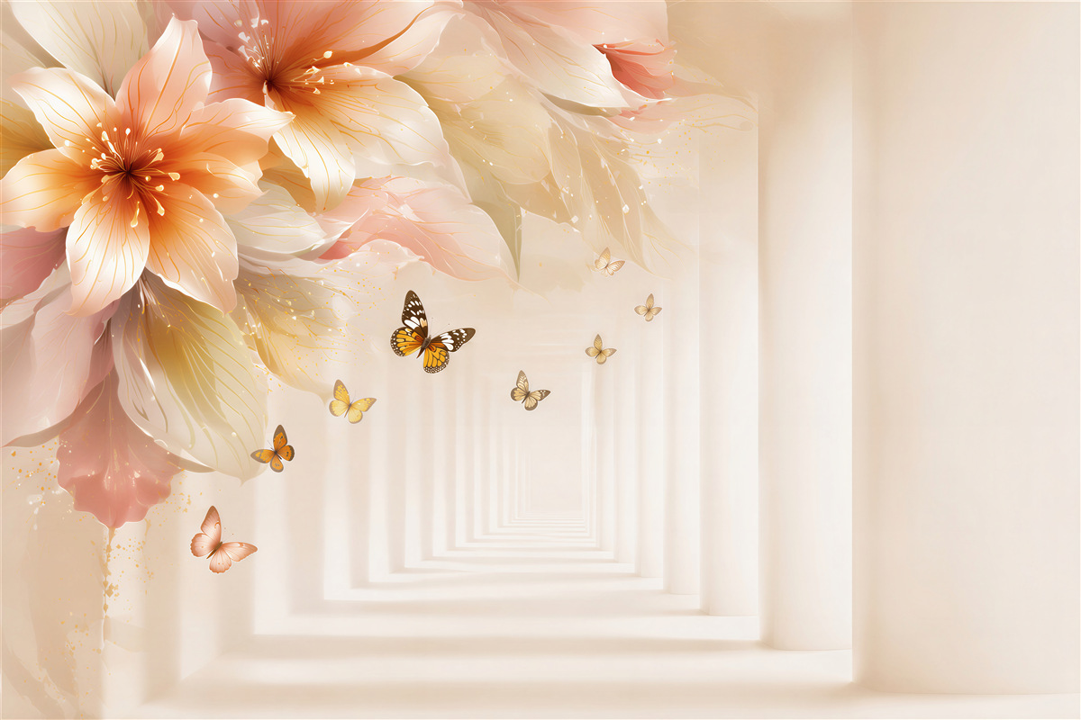 Fototapeten Schmetterlinge fliegen von frischen Blumen in einem Tunnel