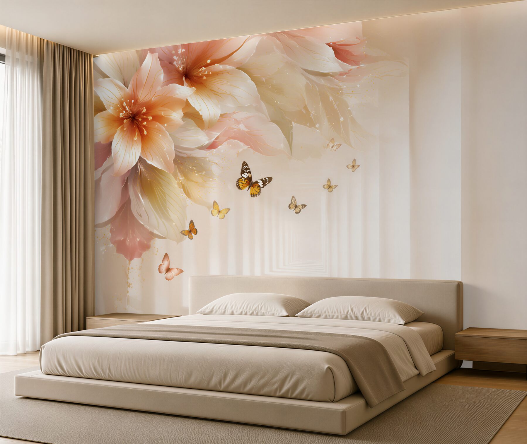 Fototapeten Schmetterlinge fliegen von frischen Blumen in einem Tunnel