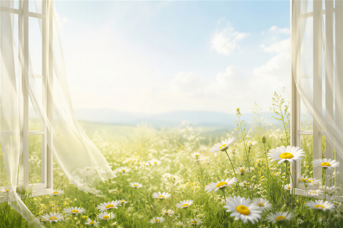 Fototapeten Blick auf ein Feld mit Gänseblümchen