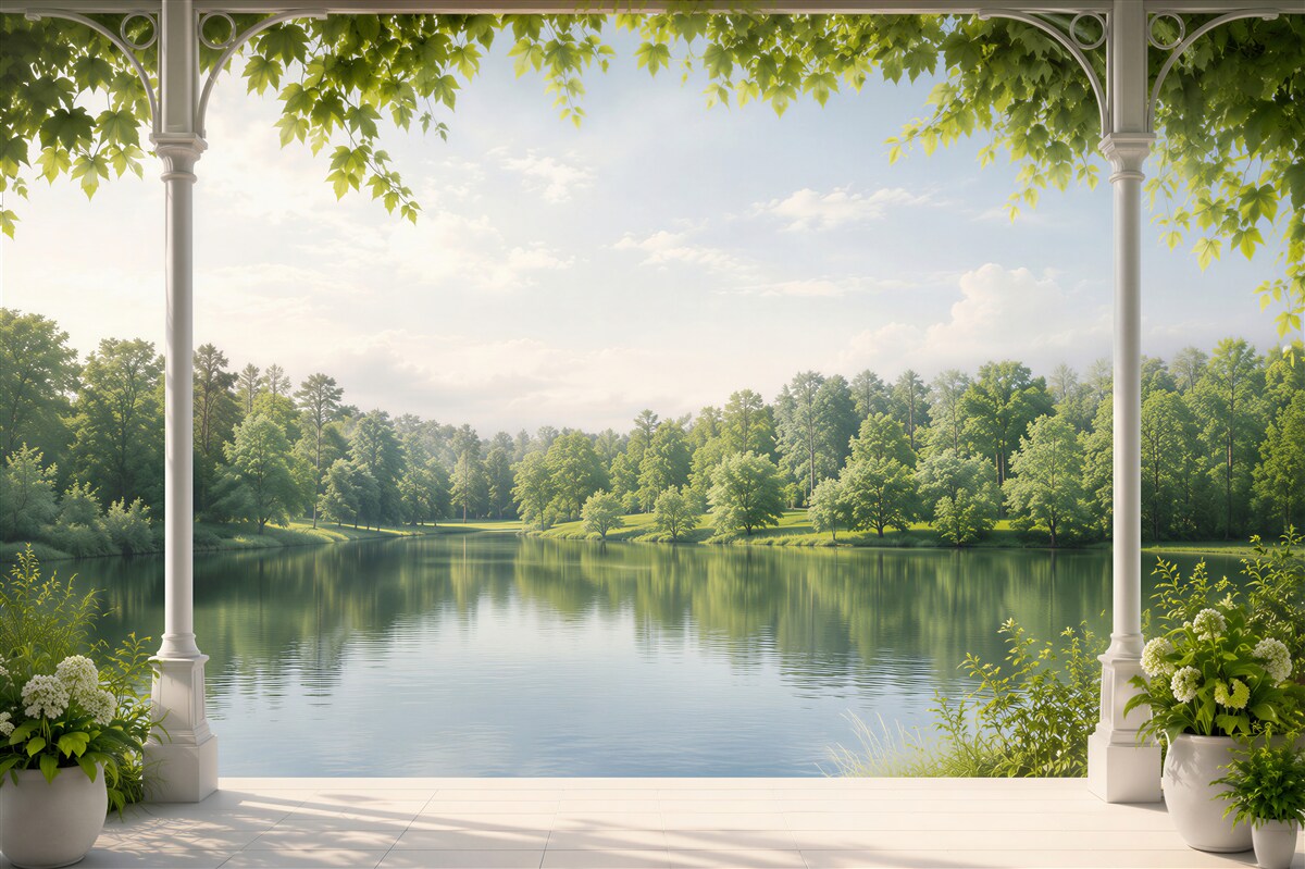 Fototapeten Pavillon mit Blumen am See