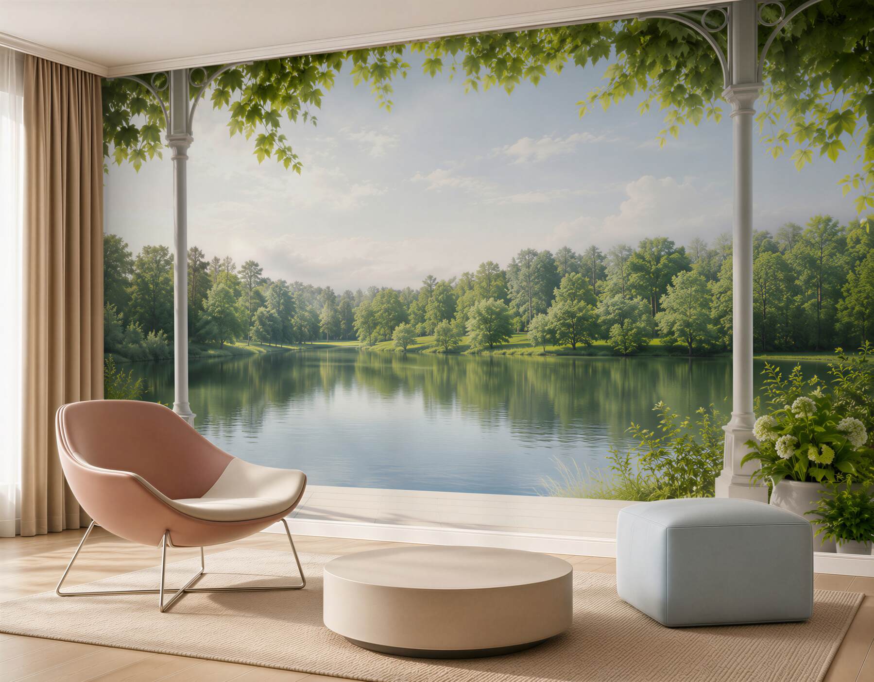 Fototapeten Pavillon mit Blumen am See