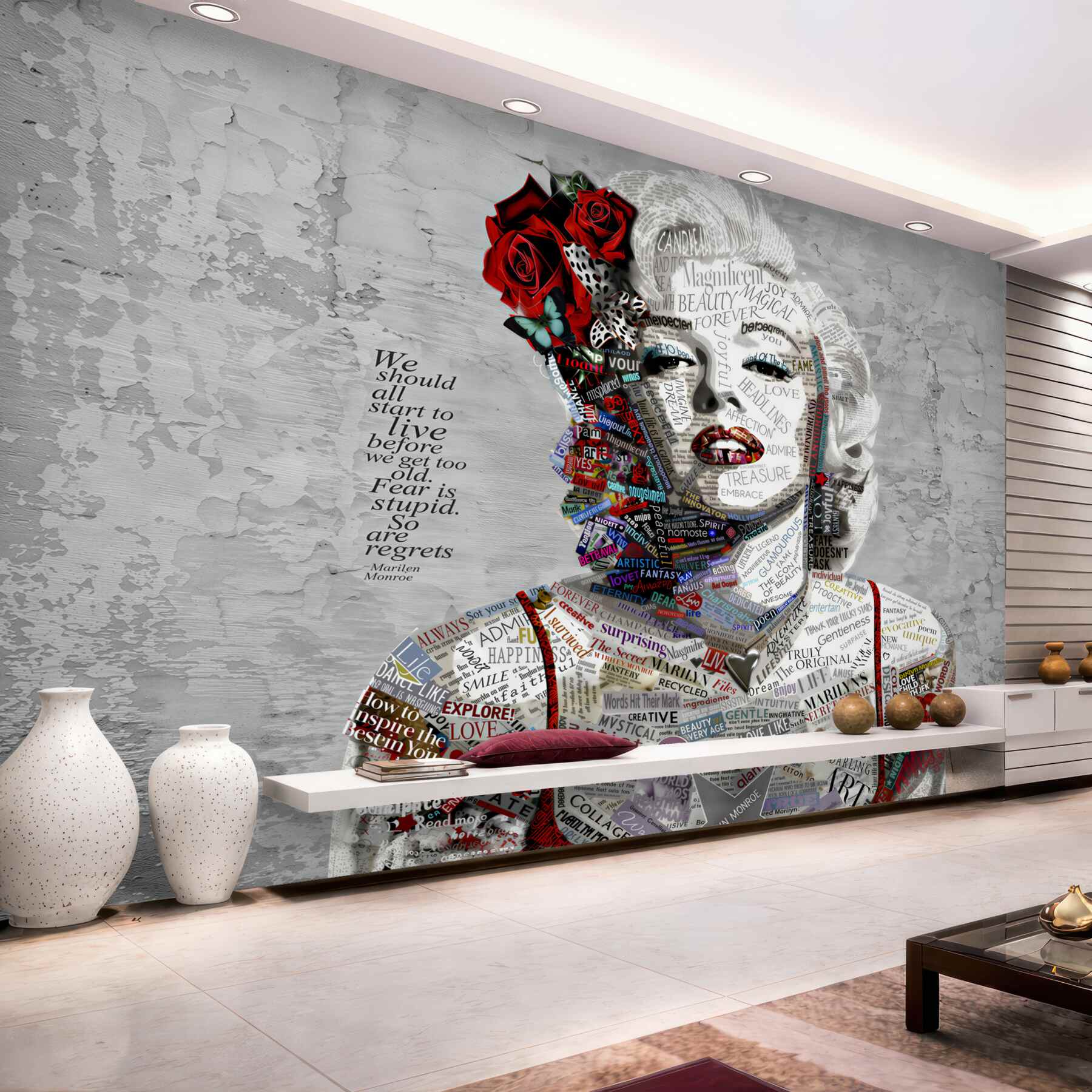 Fototapeten Marilyn Monroe mit roten Rosen im Haar