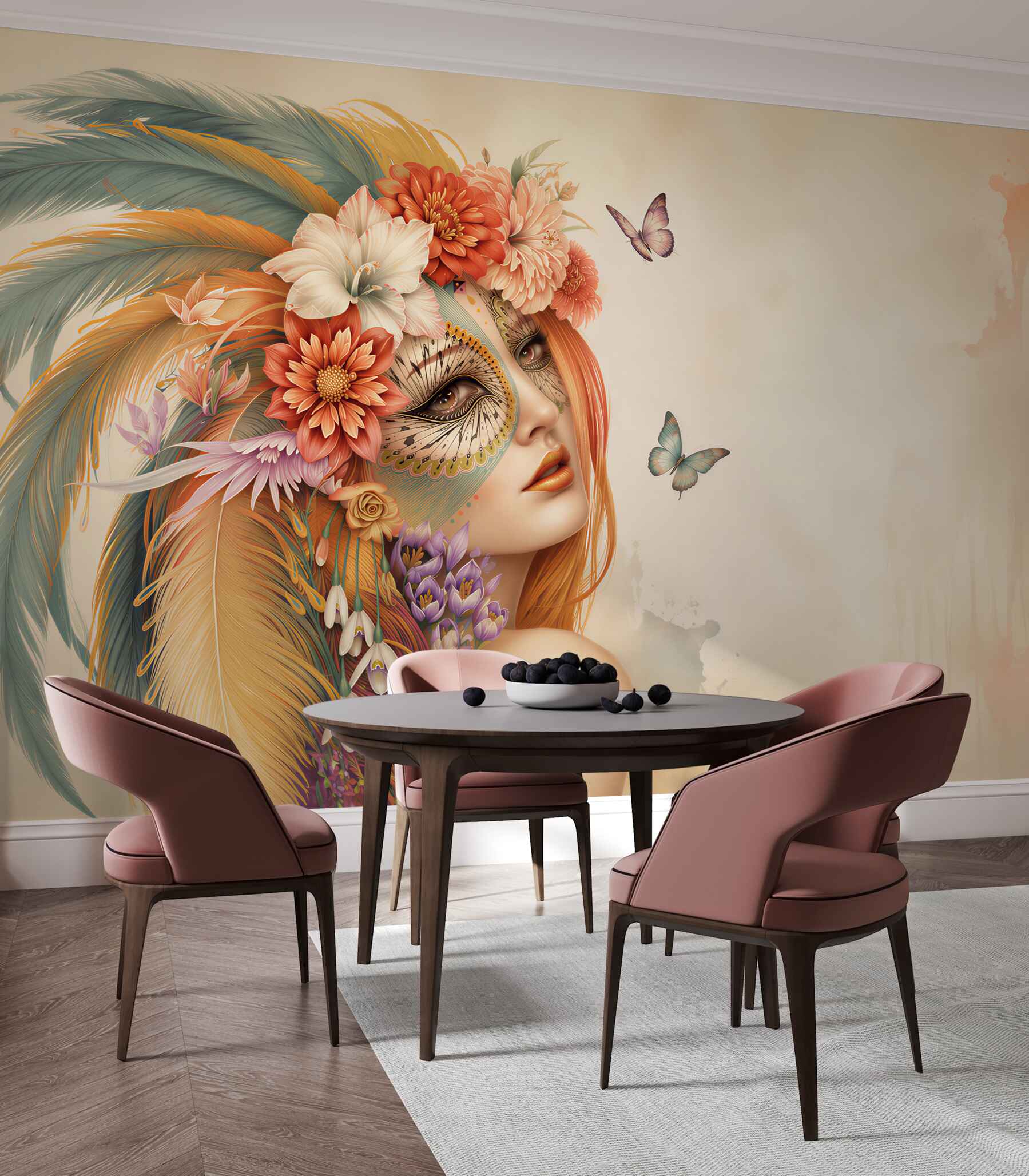 Fototapeten Mädchen mit bunten Federn und Blumen im Haar