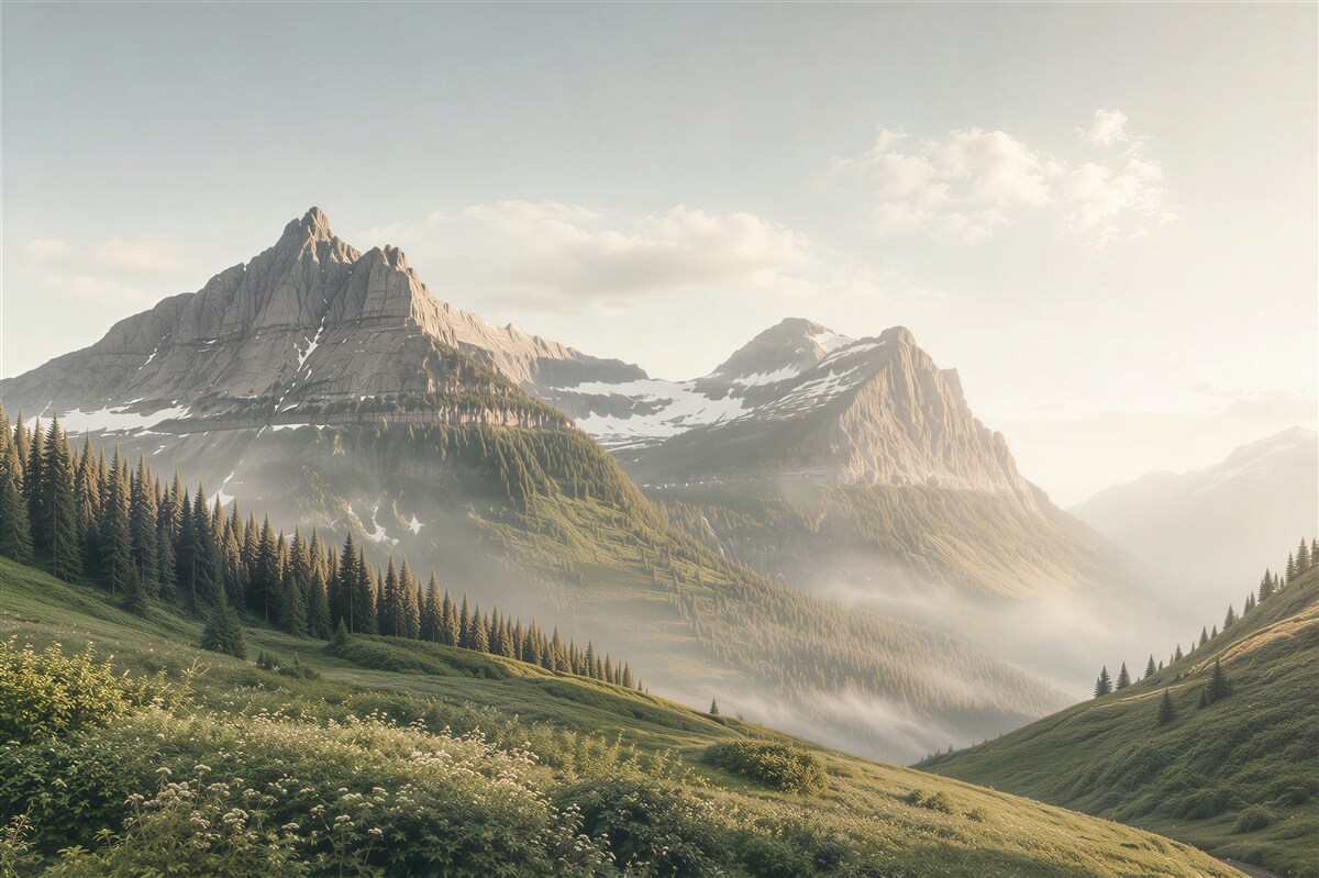 Fototapeten Aussicht von der Lichtung auf große Berge