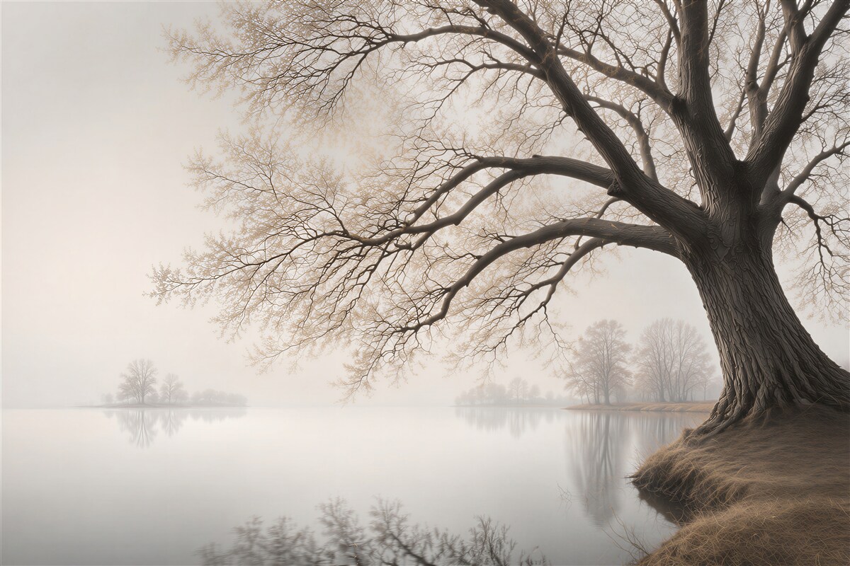 Fototapeten Ein Sonnenstrahl durchbricht die Äste eines Baumes in der Nähe des Wassers
