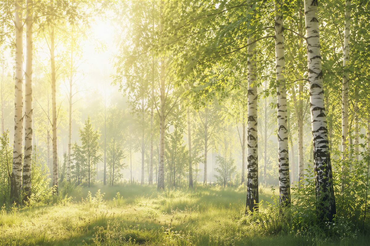 Fototapeten Sonnenstrahlen im Birkenwald