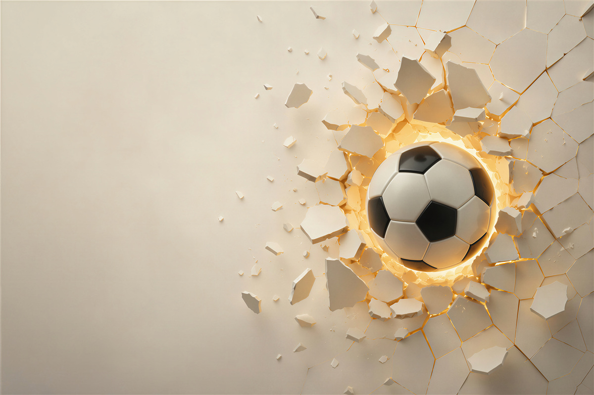 Fototapeten Ein Fußball durchbricht die Wand mit goldenem Glanz