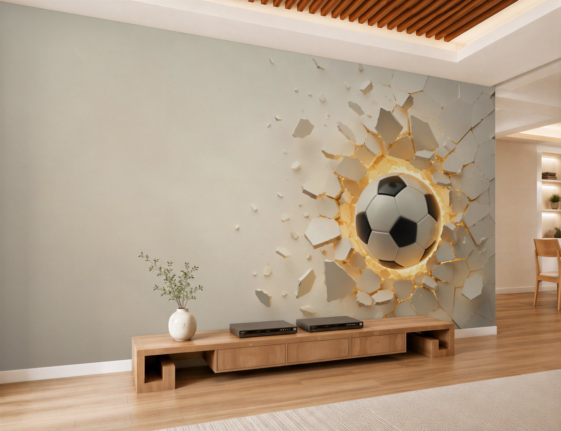 Fototapeten Ein Fußball durchbricht die Wand mit goldenem Glanz