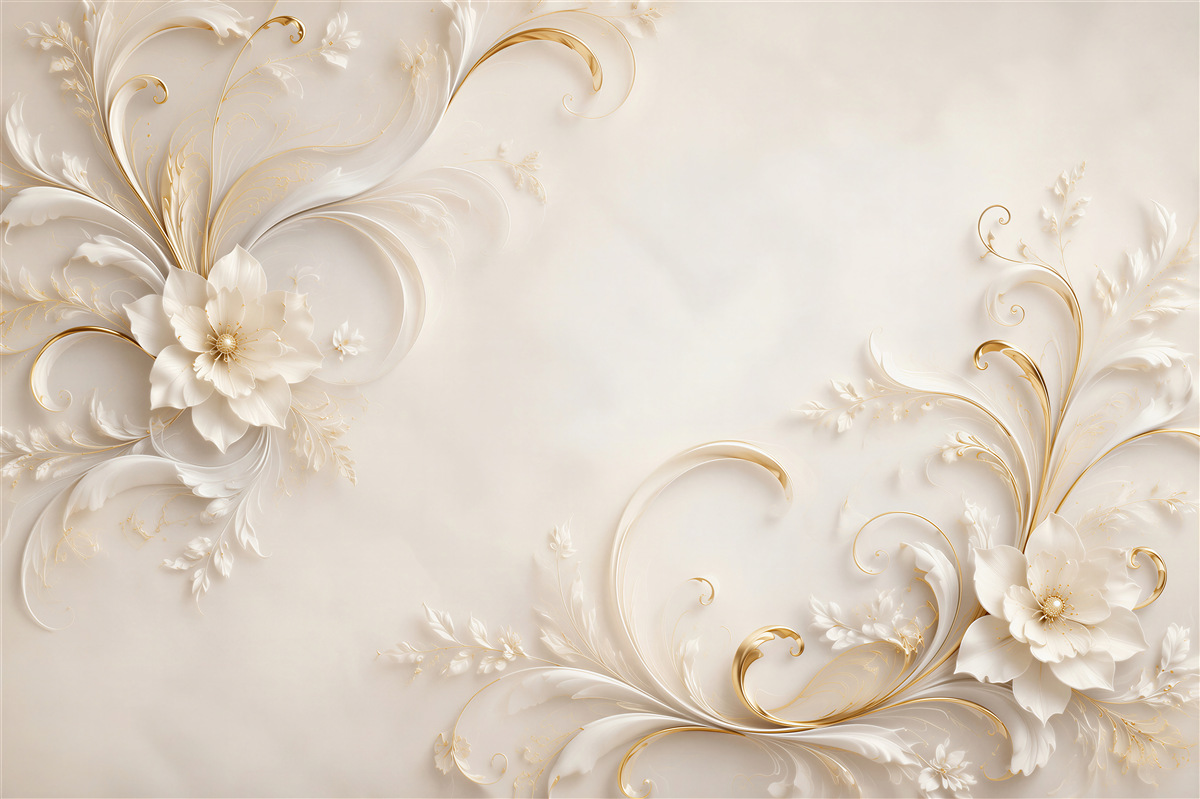 Fototapeten Volumetrische Blumen und weiß-goldene Locken