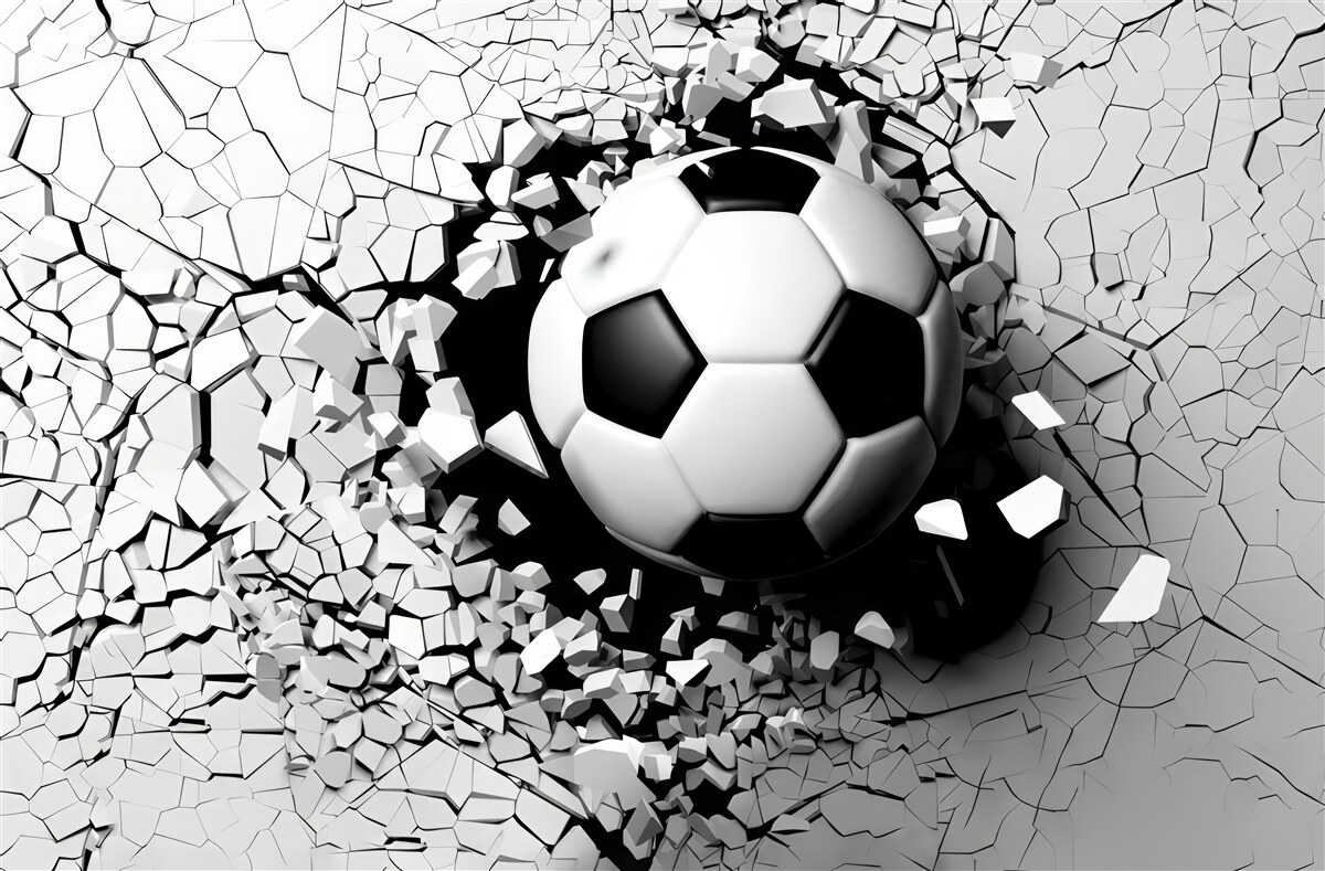 Fototapeten Ein Fußball durchbricht die Wand