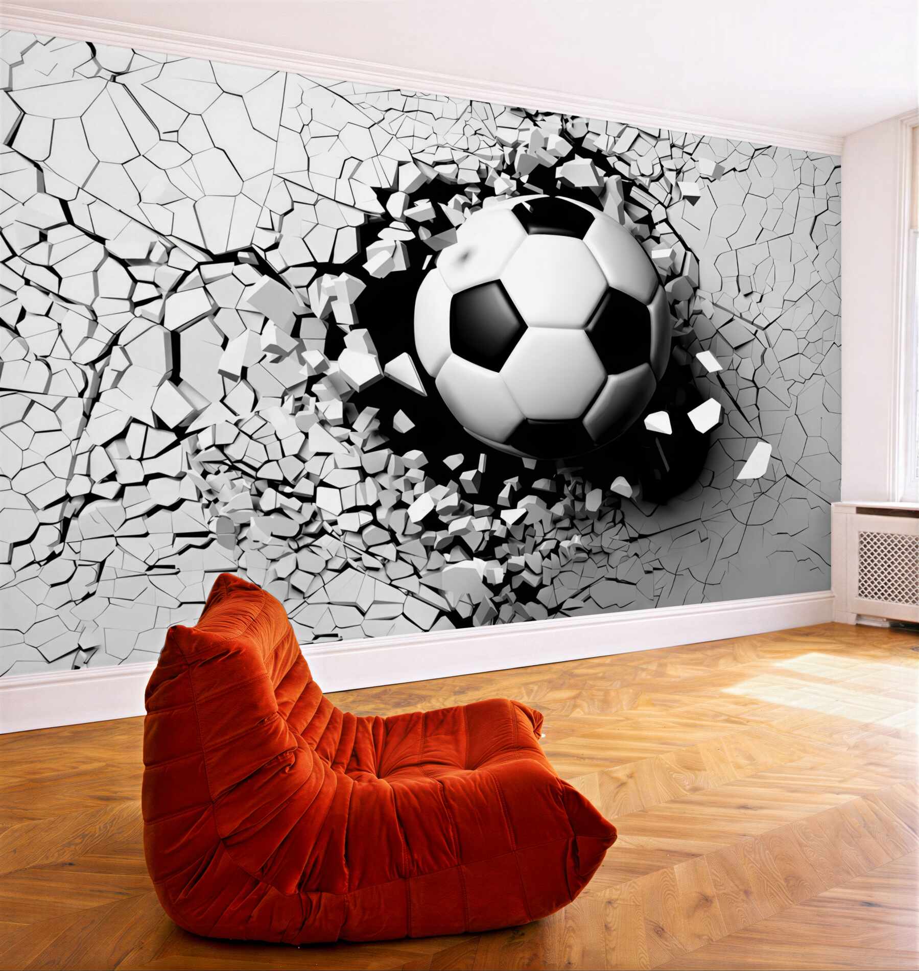 Fototapeten Ein Fußball durchbricht die Wand