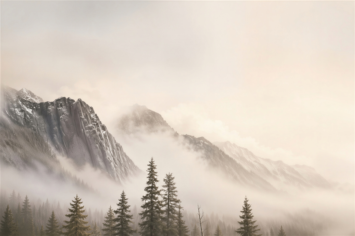 Fototapeten Schwarz-weiße Berge im Nebel
