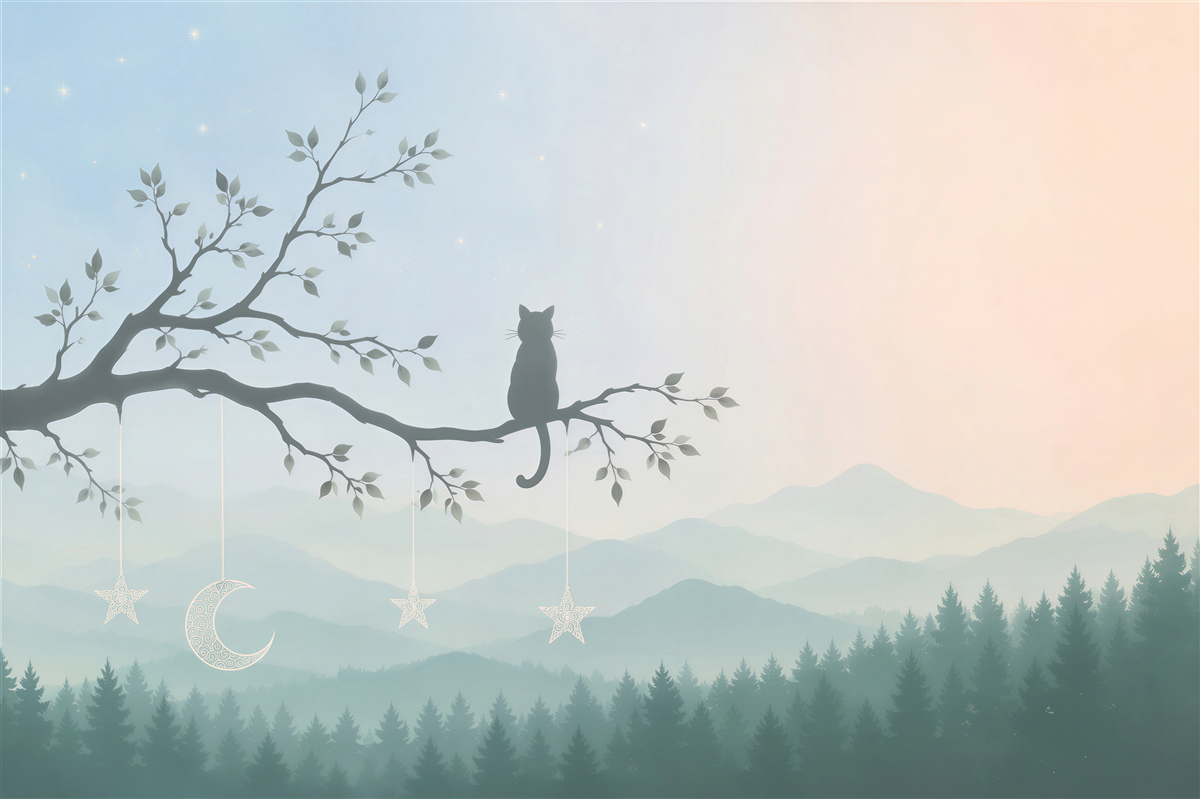 Fototapeten Ein einsamer Kater sitzt auf einem Baum