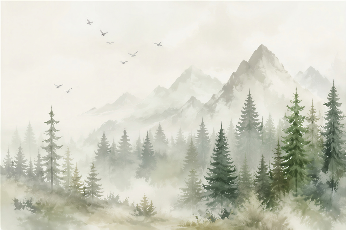 Fototapeten Aquarell Wald und Berge