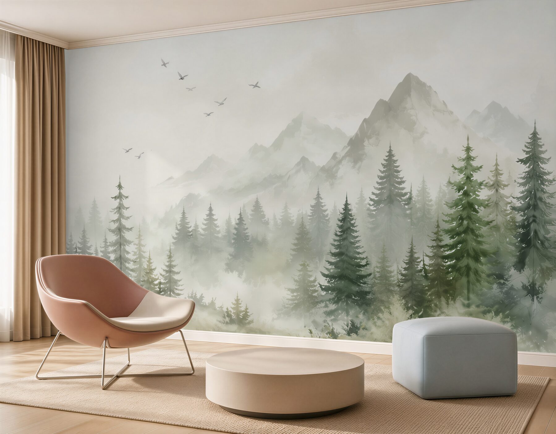 Fototapeten Aquarell Wald und Berge