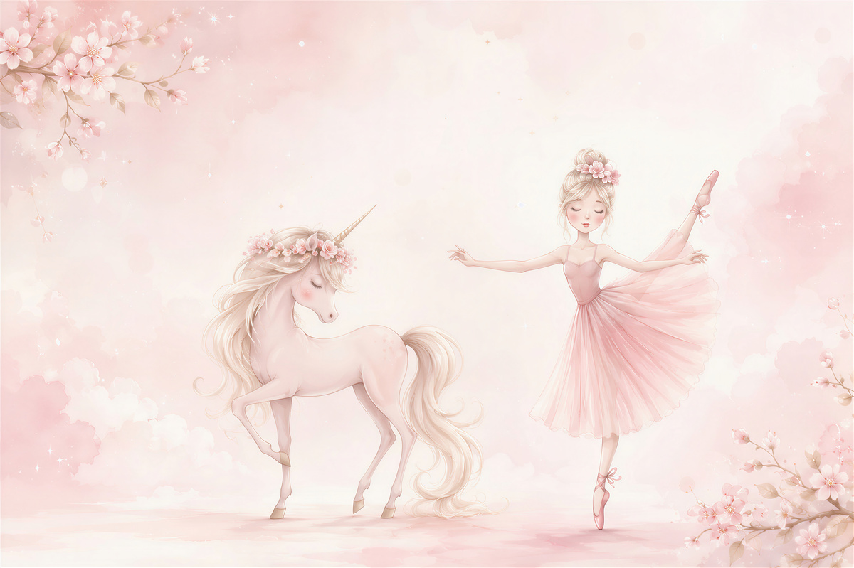 Fototapeten Fee, die mit einem Einhorn tanzt