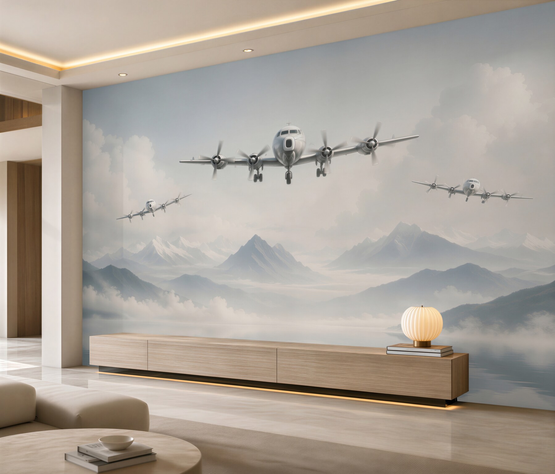 Fototapeten Flugzeuge fliegen über die Berge